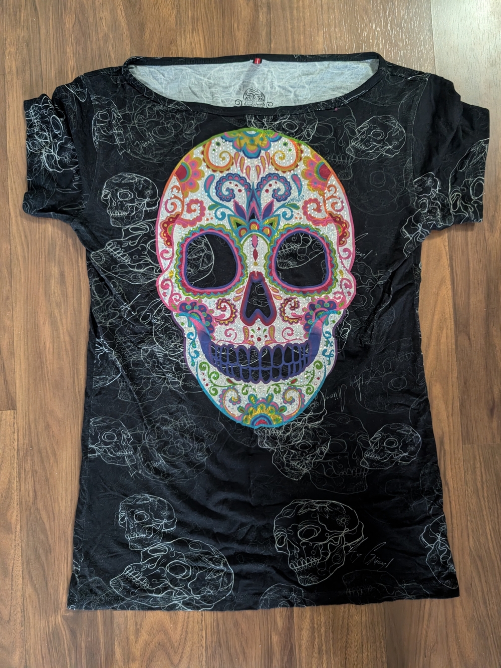 Sugar Skull Graphic Tshirt with Colourful Crystal Accents